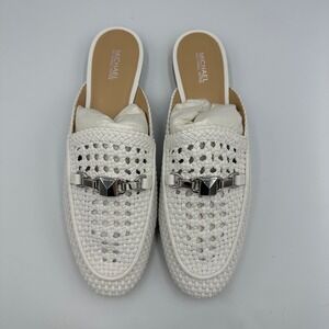 Michael Kors Charlton Woven Mule Slides Optic White Leather Loafer Euro Chic 9.5